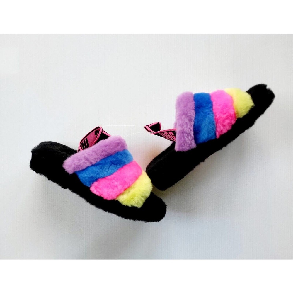 UGG Fluff Yeah Classic Slides Black Taffy Pink Neon Women's Size 7